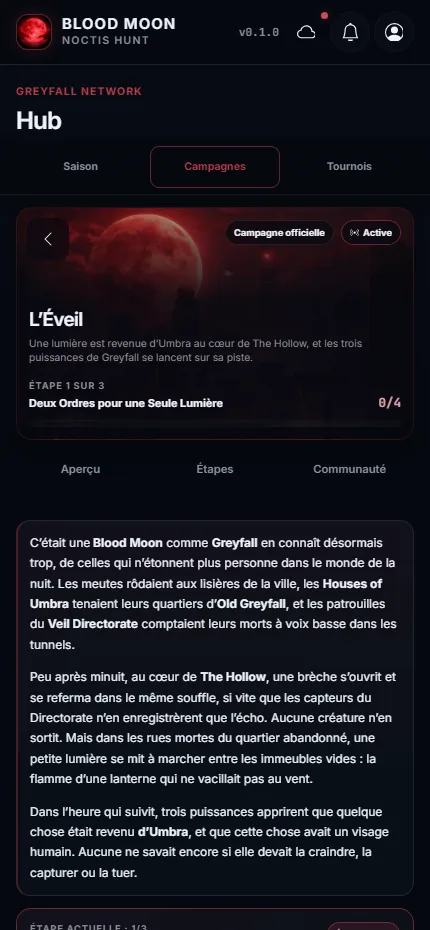Capture de l'application : la campagne L'Éveil dans le Hub